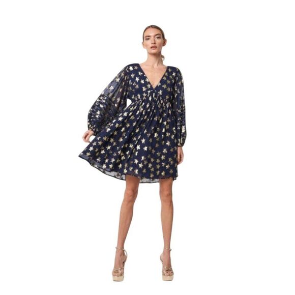 Ciebon Sallie Metallic Star Print Sz L Long Sleeve Minidress in Navy & Gold - Picture 2 of 10